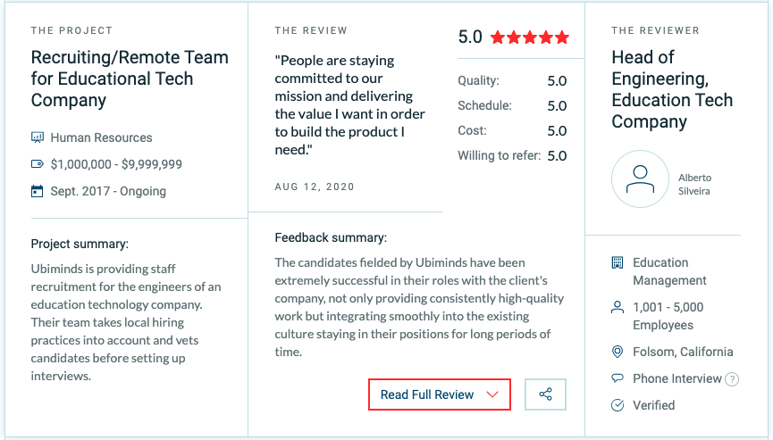 Client review on Clutch places Ubiminds at 5 stars
