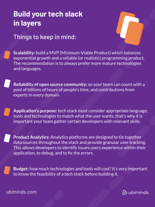 Infographic showing topics on what you should pay attention to when building your stack in layers.